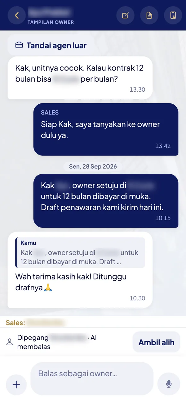 Percakapan klien di aplikasi tim Bumi786, dipegang AI