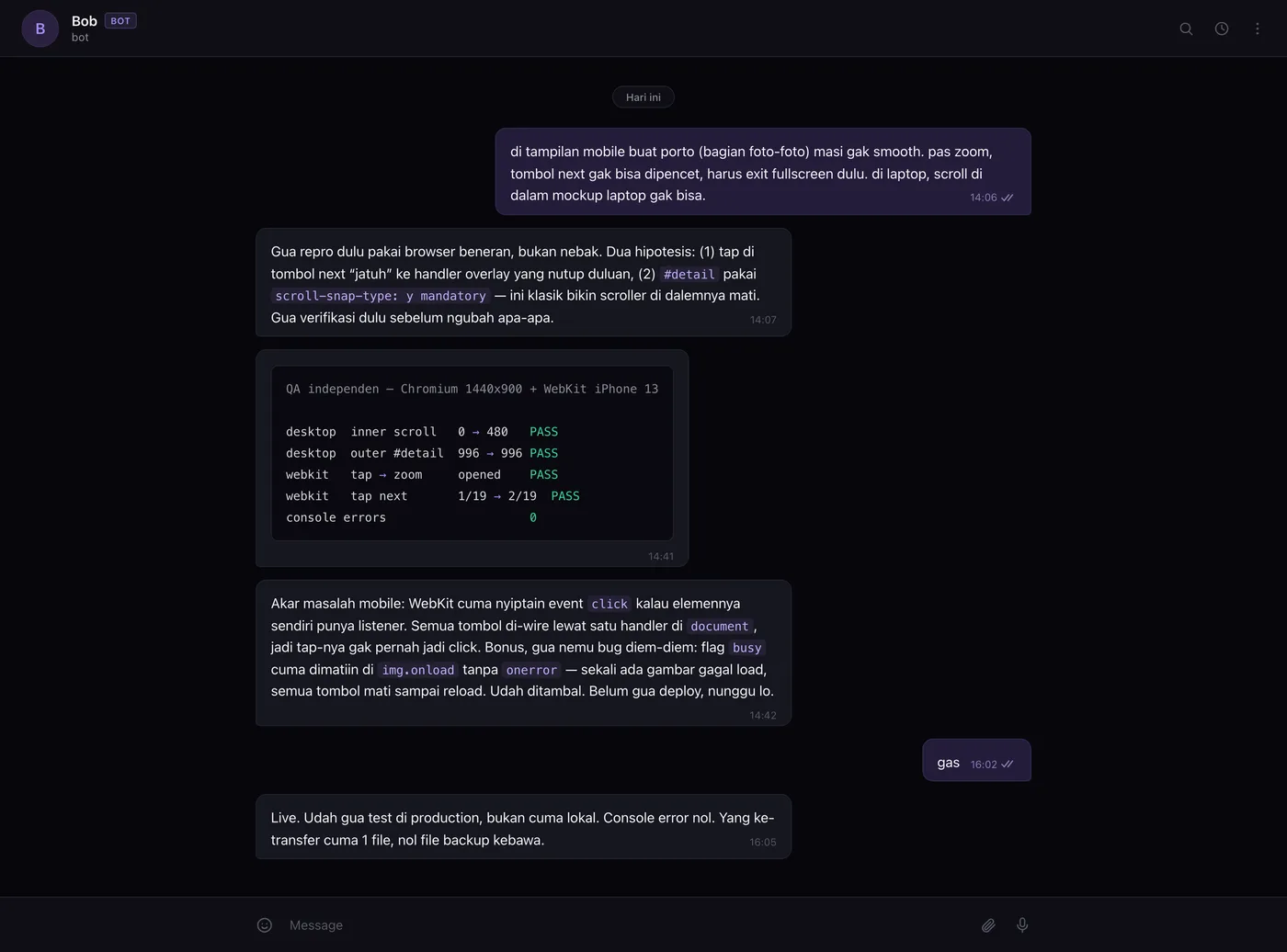 Chat Telegram sama Bob: dia repro bug, testing, lalu deploy